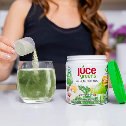 JUCE Green Superfood Powder, Organic Fruits and Veggies Supplement W/ 77 Superfoods Plus Prebiotic Probiotic Blend, Harvest Apple Flavor - 20 Servings (230 g) - By Terra Kai Organics