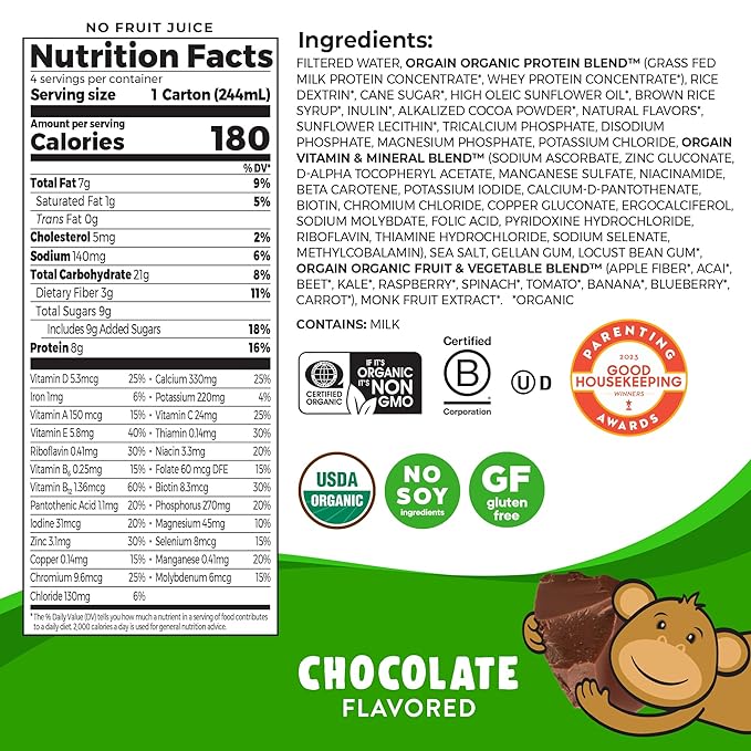 Orgain Organic Kids Nutritional Protein Shake, 8g Dairy 3g Fiber, 22 Vitamins 8.25 Fl (4 Pack)