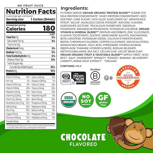 Orgain Organic Kids Nutritional Protein Shake, 8g Dairy 3g Fiber, 22 Vitamins 8.25 Fl (4 Pack)