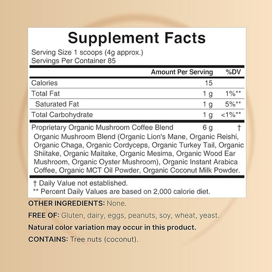 Organic Mushroom Coffee with MCT Oil, 12oz | 10 in 1 Adaptogenic Mushrooms – Lions Mane, Shiitake, Reishi, Chaga, & More – Energy, Immune Booster, & Brain Health Support – No Fillers