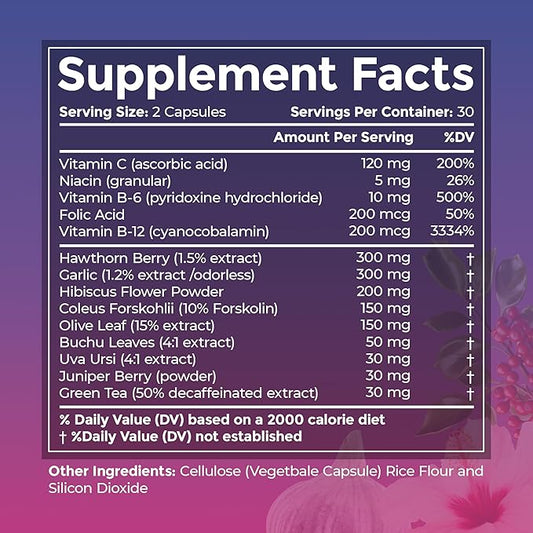 Blood Pressure Supplements - Advanced Blood Pressure Supplement Complex - Hawthorn Berry, Hibiscus, Garlic, Forskolin - 14 Vitamins & Herbs, 30 Day Supply in Veggie Capsules