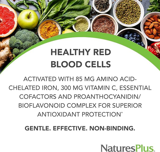 NaturesPlus Hema-Plex Iron - 60 Fast-Acting Capsules - 85 mg Chelated Iron + Vitamin C & Bioflavonoids for Healthy Red Blood Cells - Vegan, Gluten Free - 30 Servings