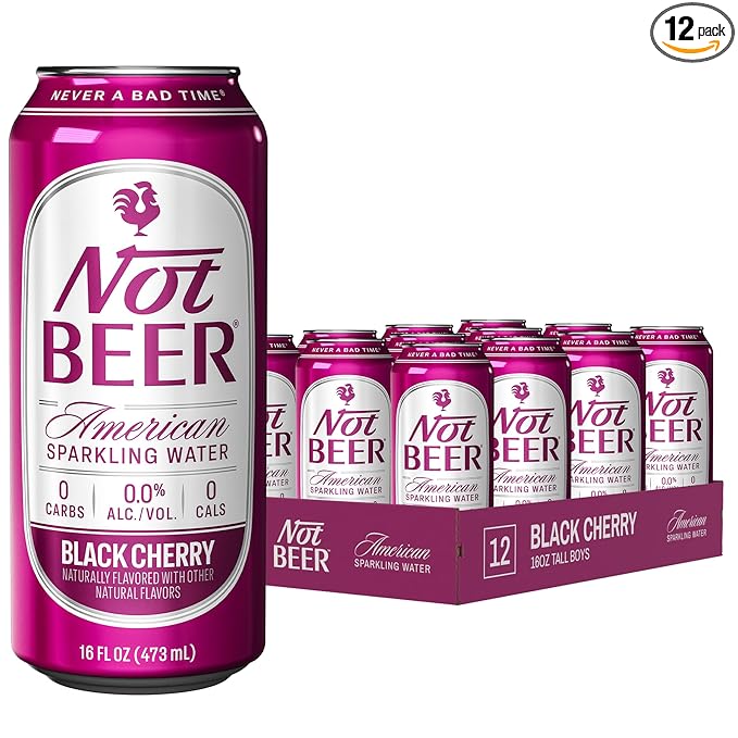 Not Beer American Sparkling Water, Black Cherry, 99.9% Pure, Mineral & Electrolyte Blend, Carbonated Water, Soda Water, Sparkling Water Cans, Made in America, 16 Oz Tallboy Cans, 12 Pack