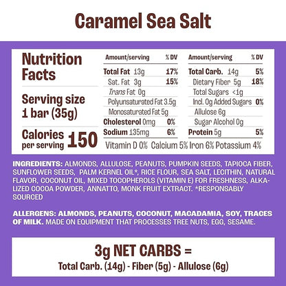 Munk Pack Keto Snack Bars, Caramel Sea Salt - Low Carb Nut Bar with 5g Protein, 1g Sugar with Allulose - Gluten Free & Low Glycemic - 24 Count