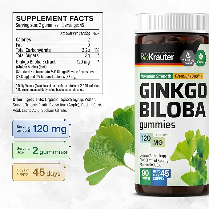 Ginkgo Biloba Extract Gummies 120mg Standardized 90 Vegan