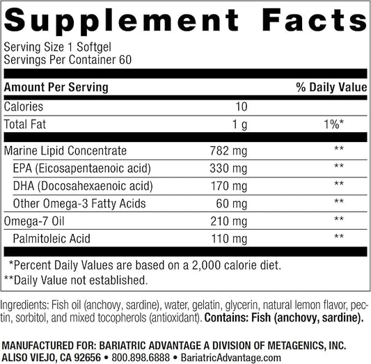 Bariatric Advantage OmegaVanta 10 - Omega Fish Oil - Enriched EPA & DHA - Enteric Softgel Design - Supports Heart Health* - Natural Lemon Flavor - 60 Softgels