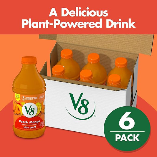 V8 Peach Mango 100% Fruit and Vegetable Juice, 46 fl oz Bottle (6 Pack)