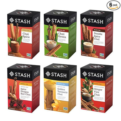 Stash Chai Tea Variety Pack Sampler Assortment - Caffeinated, Non-GMO Project Verified Premium Tea with No Artificial Ingredients, 18-20 Count (Pack of 6)