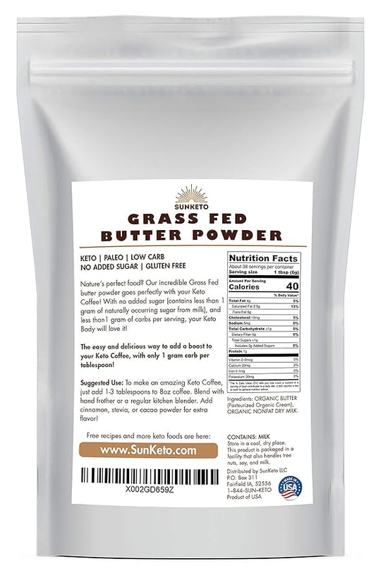 Organic Grassfed Real Butter Powder - Keto NON GMO rBST Hormone Free Paleo Low Carb Sugar Free Gluten Free - Healthy Fat Bomb - Great in Keto Coffee - Unsalted 8oz