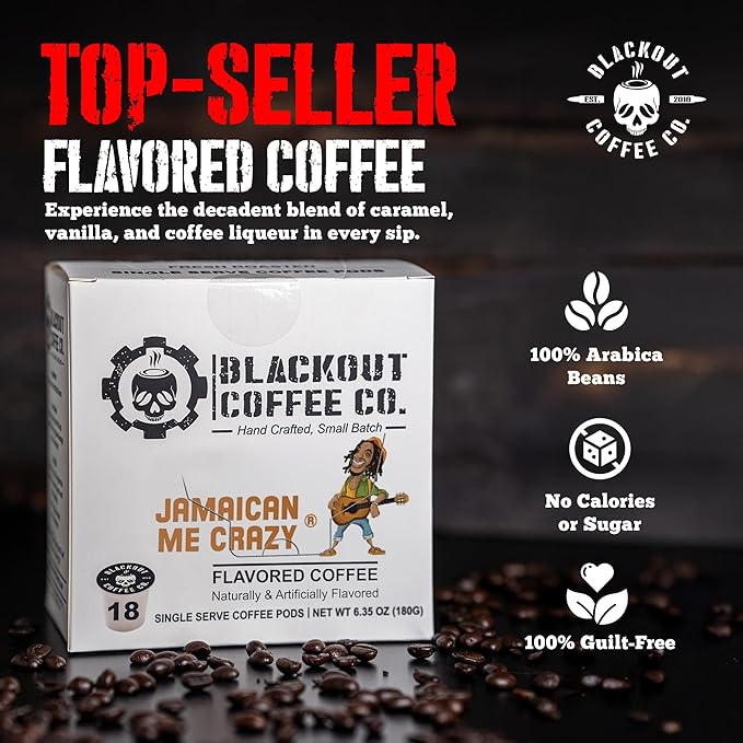 Blackout Coffee Jamaican Me Crazy Flavored Pods, Freshly Roasted in the USA - K-Cup Compatible Single-Serve Pods (18 Count)