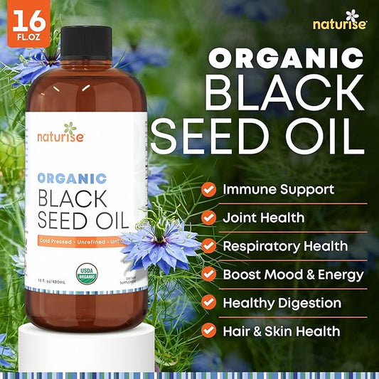Organic Black Seed Oil - Organic Cold Pressed Black Cumin Seed Oil - Vegan Non-GMO Gluten Free Black Seed Oil Liquid (Nigella Sativa) Blackseed Oil for Hair & Skin, General Wellness (16 Fl Oz.)