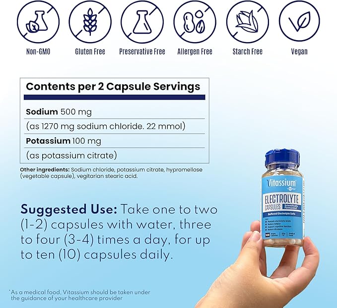 Vitassium Electrolyte Capsules, Electrolytes for The Management of POTS and High Sodium Diets (500mg Sodium - 100mg Potassium), Unflavored, 100 Salt Pills (Size 0)