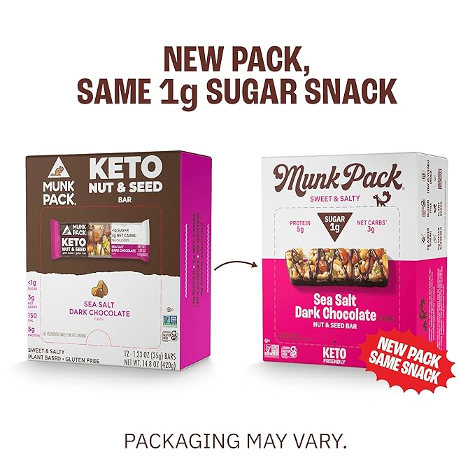 Munk Pack Keto Snack Bars, Sea Salt Dark Chocolate - Low Carb Nut Bar with 5g Protein, 1g Sugar with Allulose - Gluten Free & Low Glycemic - 24 Count