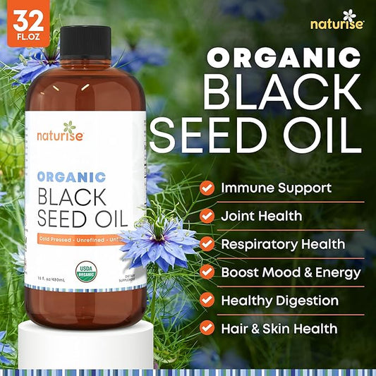 Organic Black Seed Oil - Organic Cold Pressed Black Cumin Seed Oil - Vegan Non-GMO Gluten Free Black Seed Oil Liquid (Nigella Sativa) Blackseed Oil for Hair & Skin, General Wellness (32 Fl Oz.)