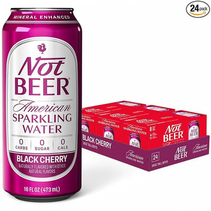 Not Beer American Sparkling Water, Black Cherry, 99.9% Pure, Mineral & Electrolyte Blend, Carbonated Water, Soda Water, Sparkling Water Cans, Made in America, 16 Oz Tallboy Cans, 24 Pack