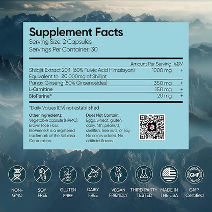 Pure Himalayan Shilajit Supplement 60 Capsules 60% Fulvic 85+ Trace