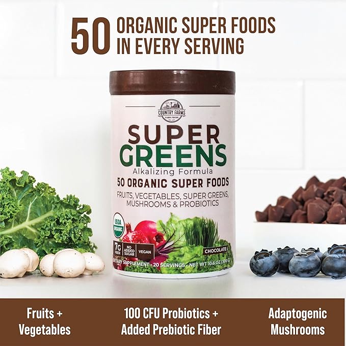 COUNTRY FARMS Super Greens Chocolate Flavor, 50 Organic 20 Servings, 10.6 Oz