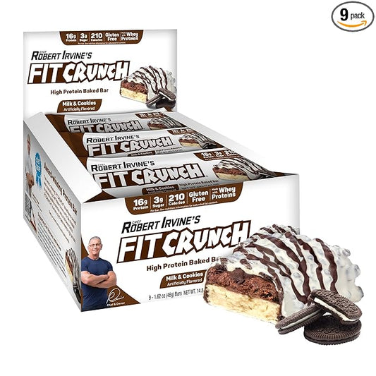 FITCRUNCH Snack Size Protein Bars, World’s Only 6-Layer Baked Bar, Just 3g of Sugar & Soft Cake Core (9 Count, Milk & Cookies)