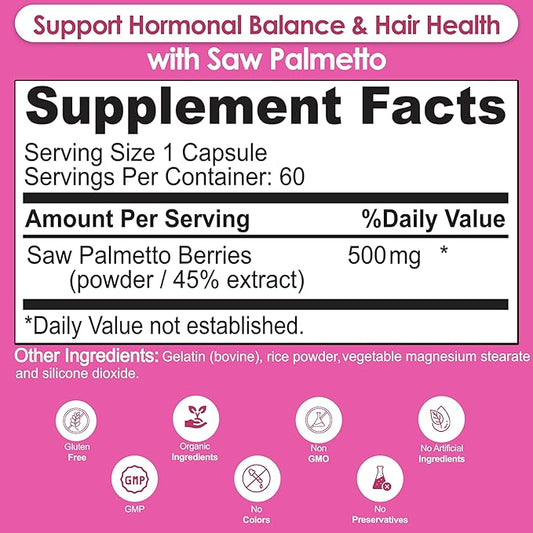 Saw Palmetto for Women - Natural DHT Blocker Hair Growth Pills Made with Organic Saw Palmetto Extract Berries Supports Hormonal Balance & Urinary Health Pure Saw Palmetto for Women Hair Loss| 60 Pills