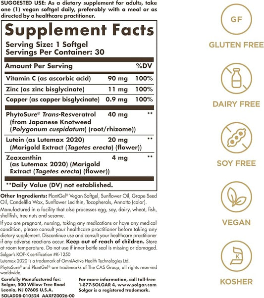Solgar Digital Defense Age-Defying Nutrition for Adults—Support Eye Health with Antioxidants Vitamin C, Resveratrol and Zinc, Lutein & Zeaxanthin, Once Daily, Vegan, Dairy & Gluten Free, 30 Servings