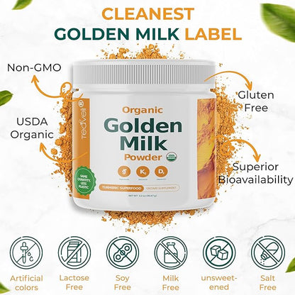Organic Golden Milk Powder with Vitamins D3 & K2, Turmeric, Ginger, Curcumin, Cinnamon, KSM66 Ashwagandha, Holy Basil & Natural Prebiotics– Delicious Unsweetened Turmeric Tea Latte - 3 Pack