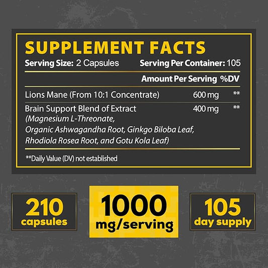 Lions Mane Supplement Capsules with Magnesium 210 Vegan