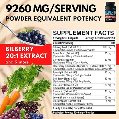 20:1 Bilberry Extract Capsules 9260mg Per 5 Month 10in1 Plus 150 Counts