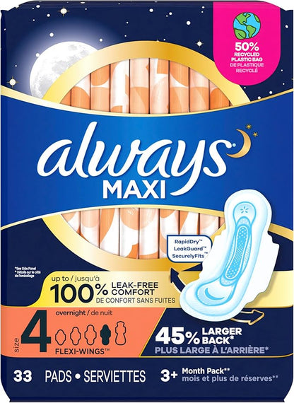 Always Maxi Overnight Pads with Wings, 4, Overnight, 33 CT