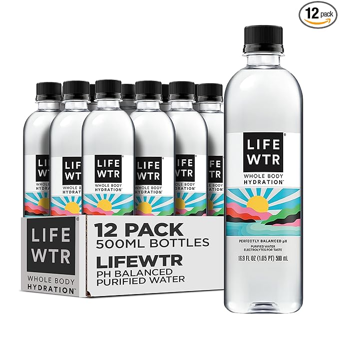 LIFEWTR Premium Purified Water pH Balanced with Electrolytes, 100% recycled plastic bottles, 16.9 Fl Oz Bottles, 500ml (Pack of 12)