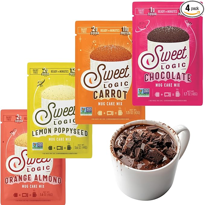 Sweet Logic Keto Dessert Mug Cake Mixes - Variety Pack - Triple Chocolate, Carrot Cake, Lemon Poppyseed, & Orange Almond - Low Sugar - Low Carb - Gluten-Free - High Protein - All Natural (4 Pack)
