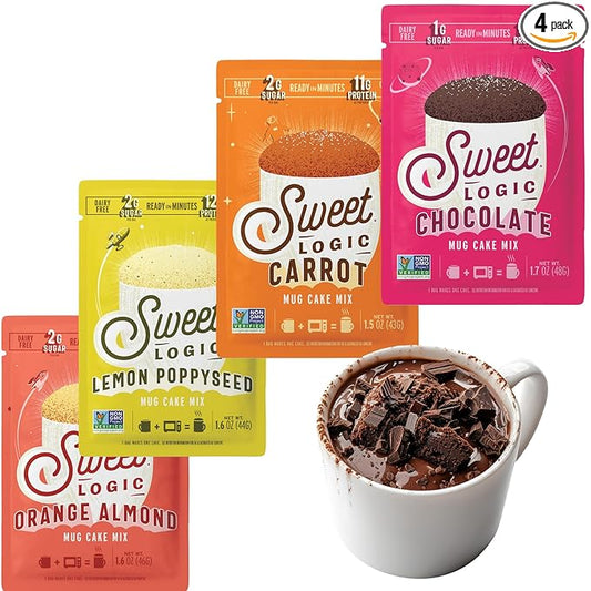 Sweet Logic Keto Dessert Mug Cake Mixes - Variety Pack - Triple Chocolate, Carrot Cake, Lemon Poppyseed, & Orange Almond - Low Sugar - Low Carb - Gluten-Free - High Protein - All Natural (4 Pack)