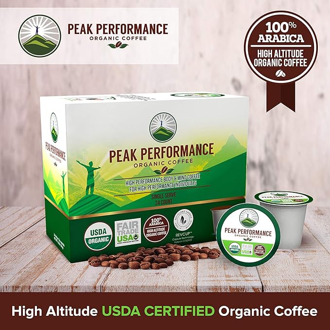 Peak Performance Organic Coffee Pods. Low Acid K-CUP Keurig Compatible High Altitude USDA Organic Coffee. Fair Trade Beans Medium Roast Single Serve 24 Count Recyclable Cups For High Performers