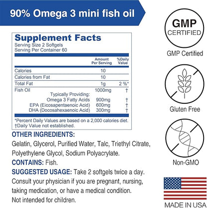 Lovita Omega-3 Fish Oil 2000mg, High Absorption rTG Form with EPA & DHA, 90% Omega-3, Burpless, Easy to Swallow, Supports Heart, Brain & Eye Health, 120 Enteric-Coated Softgels (Pack of 3)