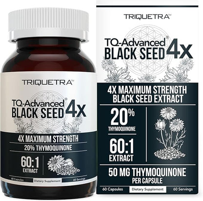 20% Thymoquinone Black Seed Oil Extract Capsules - TQ-Advanced 4X®: Highest Thymoquinone Concentration Available - 60:1 Concentrate from Nigella Sativa, Raw Form, Vegan, Glass Bottle (60 Capsules)