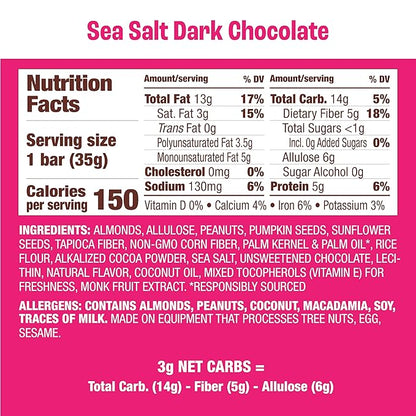 Munk Pack Keto Snack Bars, Sea Salt Dark Chocolate - Low Carb Nut Bar with 5g Protein, 1g Sugar with Allulose - Gluten Free & Low Glycemic - 24 Count