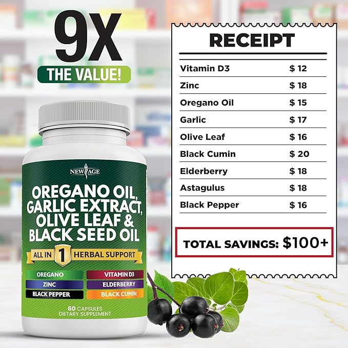 NEW AGE Oregano Oil 6000mg Garlic 4000mg Olive 3000mg with 120 Count