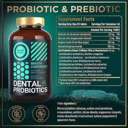 Oral Probiotics for Mouth Bad Breath - Dental Probiotics for Teeth and Gums - 3 Billion CFU Advanced Bad Breath Treatment for Mouth Health - 45 Prebiotic and Probiotic Lactobacillus Salivarius Tablets