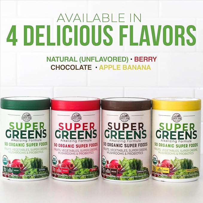 Country Farms Super Greens Berry Flavor, 50 Organic 20 Servings, 10.6 Oz
