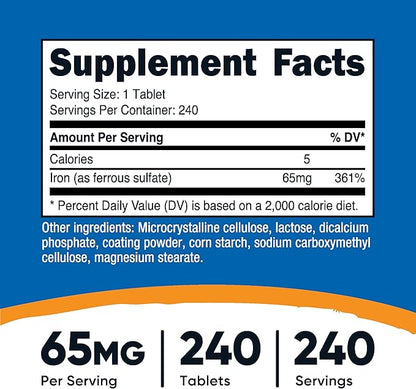 Nutricost Iron (As Ferrous Sulfate) 65mg, 240 Tablets - Non-GMO, Gluten Free