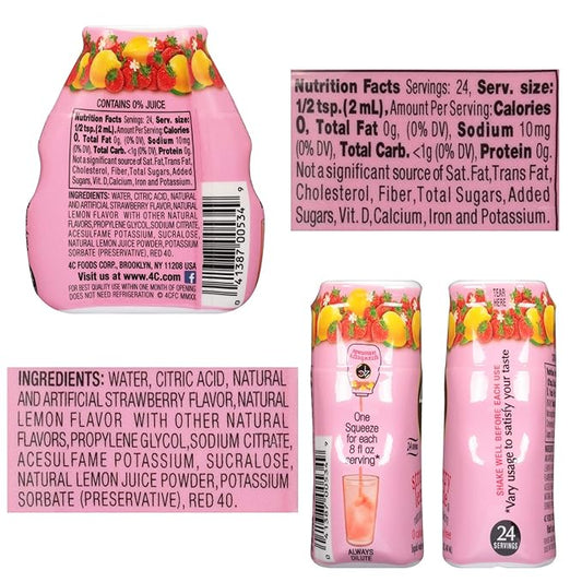 4C Sugar Free Liquid Water Enhancer, Premium Natural Flavors, 0 Calorie Drops (Strawberry Lemonade, 12 Pack)