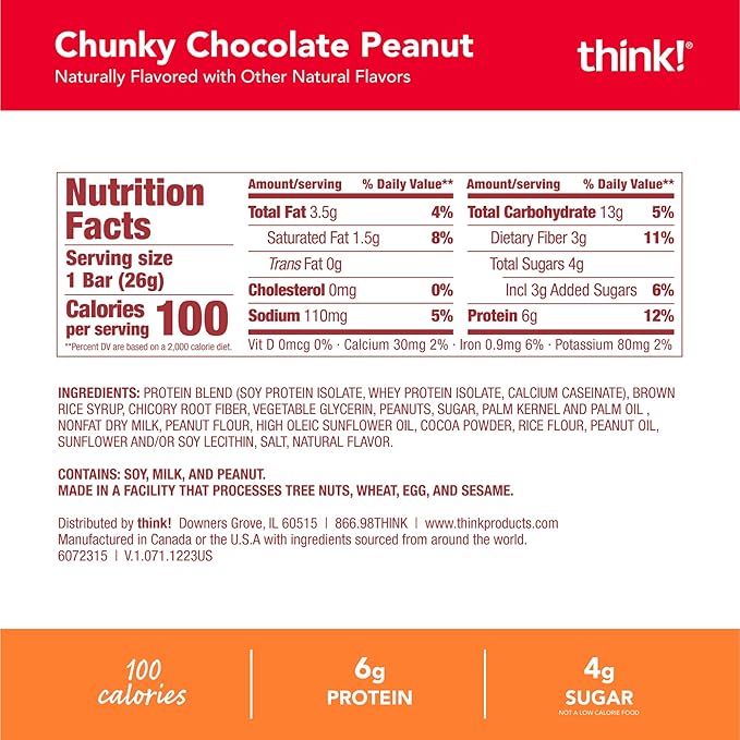 think! Minis Protein Snack Bar, Gluten Free, Chunky Chocolate Peanut, 15 Count
