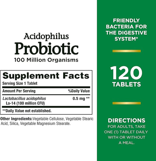 Nature's Bounty Acidophilus Probiotic, Daily Probiotic Supplement, Supports Digestive Health, 1 Pack, 120 Tablets