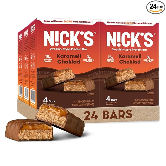 Nick's Protein Bars Chocolate Caramel | 15g protein | 190 calories | Low Carb Keto Friendly Snacks No Added Sugar (Multipack 24 bars x 50g)