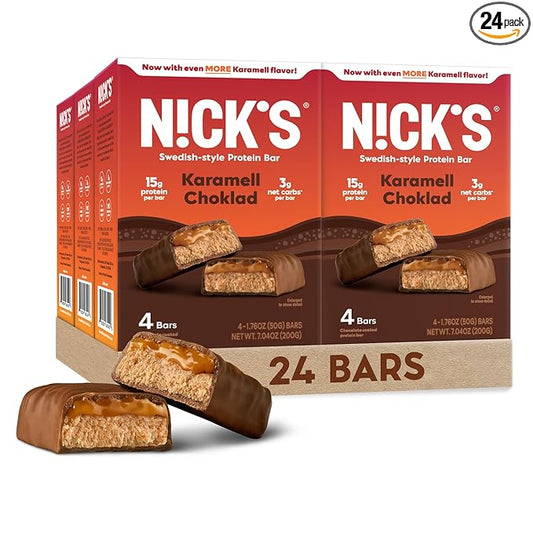 Nick's Protein Bars Chocolate Caramel | 15g protein | 190 calories | Low Carb Keto Friendly Snacks No Added Sugar (Multipack 24 bars x 50g)