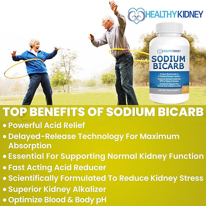 Sodium Bicarbonate 650mg Capsules Delayed Release for Supporting Normal Kidney Function & Kidney Health Supplement. Sodium Bicarbonate Designed for Kidney Support, Acid Relief, Alkalinity 120 Pills