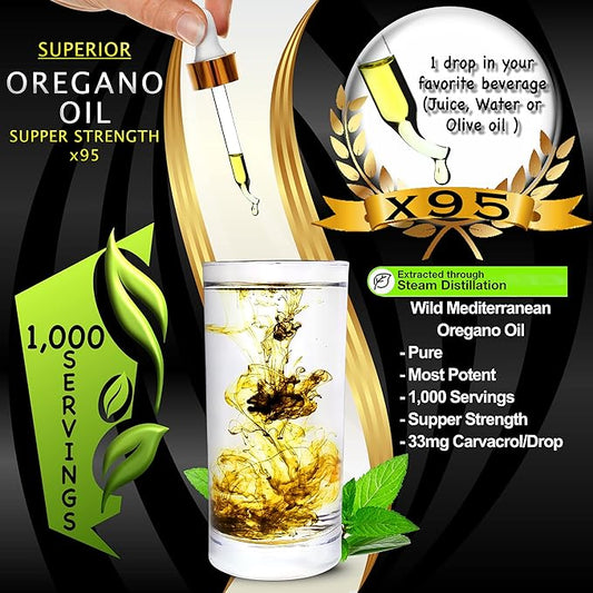 Oregano Oil Drops Super Strength - 12 Month Supply, Food Grade, Pure Undiluted Wild Mediterranean Oil of Oregano Extract, 1.69 Fl Oz (Pack of 1)