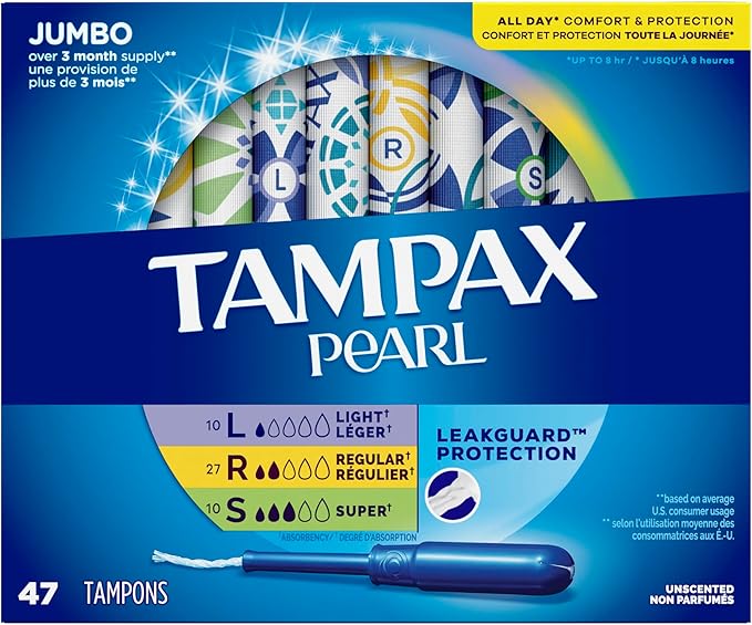 Tampax Pearl Tampons Multipack, Light/Regular/Super Absorbency, 47 Count