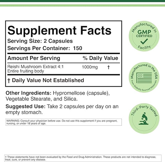 Reishi Mushroom Capsules (4:1 Ganoderma Extract, 1,000mg Red Reishi Powder Servings) 300 Count, 5 Month Supply, Potent Mushroom Supplement for Immune System Support and Defense by Double Wood