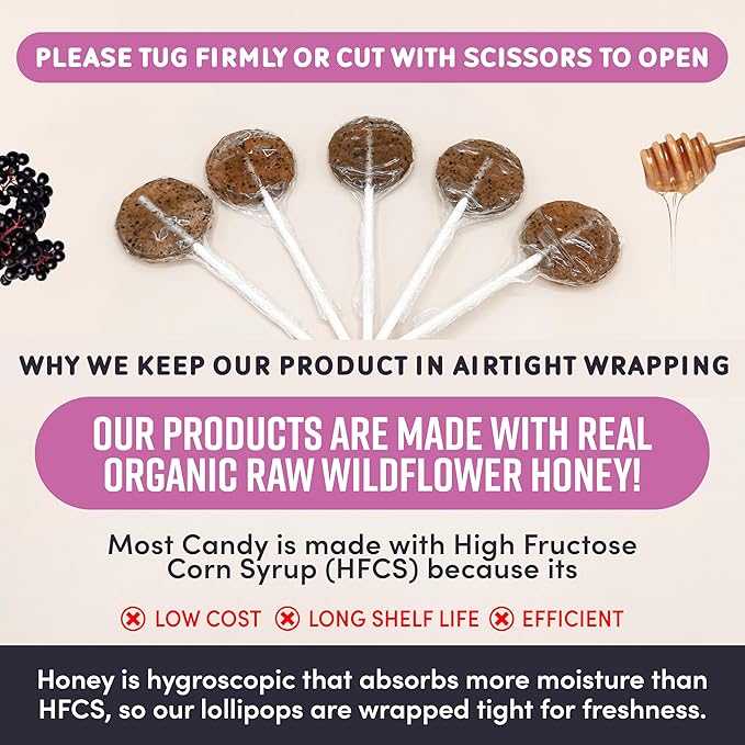 MommaBear Organics Handcrafted Kids Cough Lollipops – Natural Sore Throat Relief & Cough Drop Suckers for Kids 3+ – Elderberry Bits, Honey & Organic Flavors – Tightly Sealed for Freshness - 10 Count