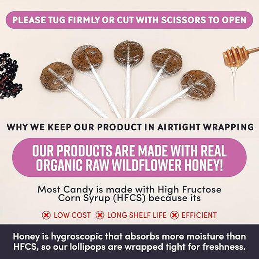 MommaBear Organics Handcrafted Kids Cough Lollipops – Natural Sore Throat Relief & Cough Drop Suckers for Kids 3+ – Elderberry Bits, Honey & Organic Flavors – Tightly Sealed for Freshness - 10 Count